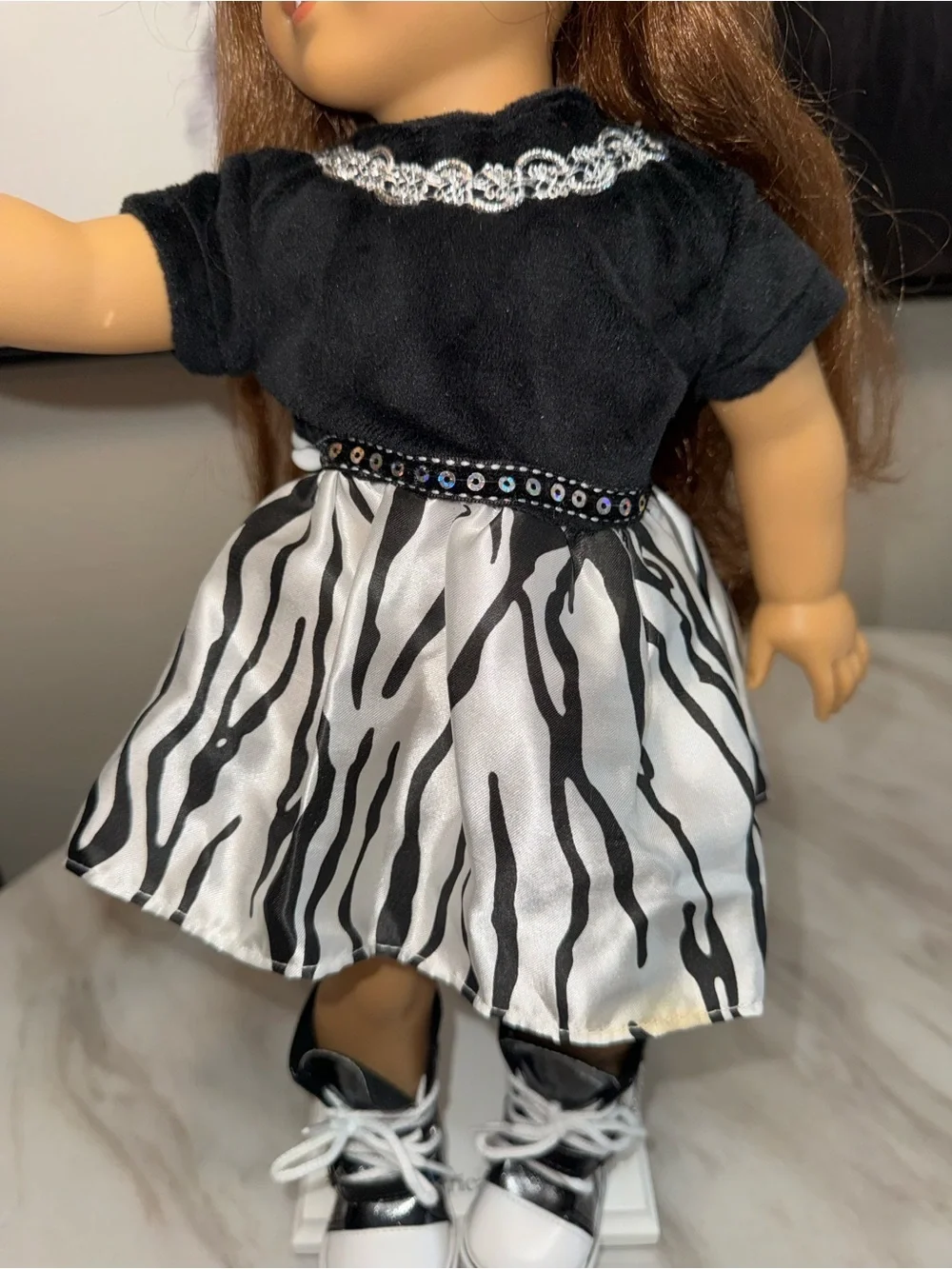 18” dolls black velvet top white black skirt high top black tennis shoes